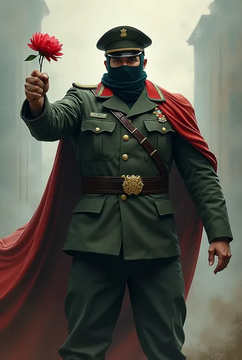 Russian soldier,Strong and tall and masked with a mask he is close while he observes me and offers me a flower while he has an intense and happy look 