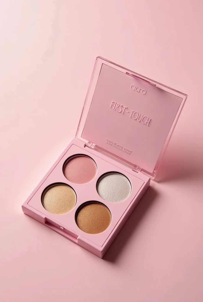 I need to create an eye shadow that has the MAC Cosmetics FIRST-TOUCH brand.  The packaging of the shadows must be pink and this must have 4 colors of shadows in the form of circles of beige colors, light pink, gold and silver. The packaging must say the b...