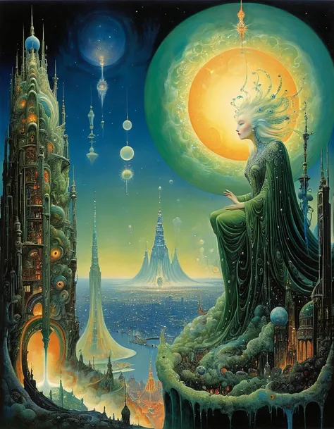 Kay Nielsen, Basil Gogos, Alberto Savinio, James Gurney, Surrealism, A glowing figure made of cosmic energy watching a city being destroyed by dream beasts from above, pretty oil painting in the style of Leonor Fini