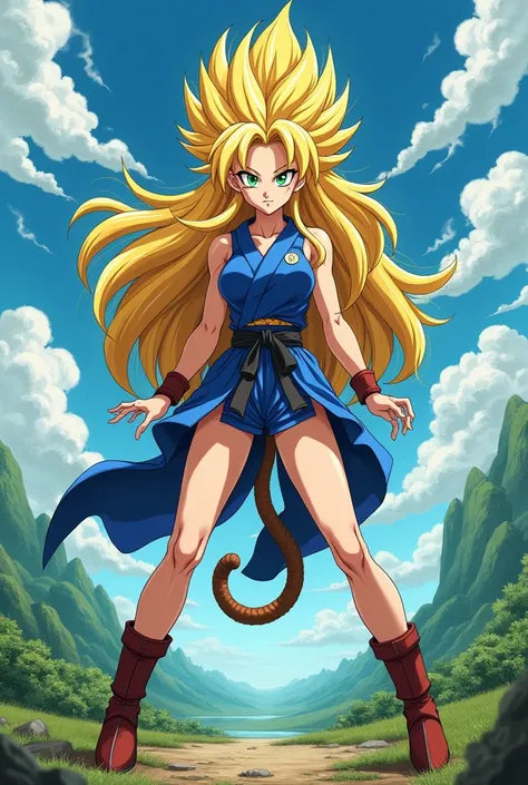 (((((Beautiful Female super saiyan))))), (((thin))), (((strong))), (((long spikey yellow hair))), (((green eyes))), (((large breasts))), ((((black eyeliner)))), ((((beautiful face)))) (((brown monkey tail))). Martial artist. Wearing a short blue yukata. St...