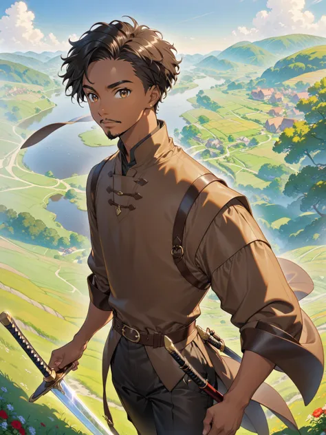 {{upper body}} {{Artist: sincos}} 1boy, pov, young man, black hair, short hair, black male, dark skin, hazel eyes, goatee , brown leather vestment, black trousers, black boots, short sword across back, fantasy, outdoors, adventurer