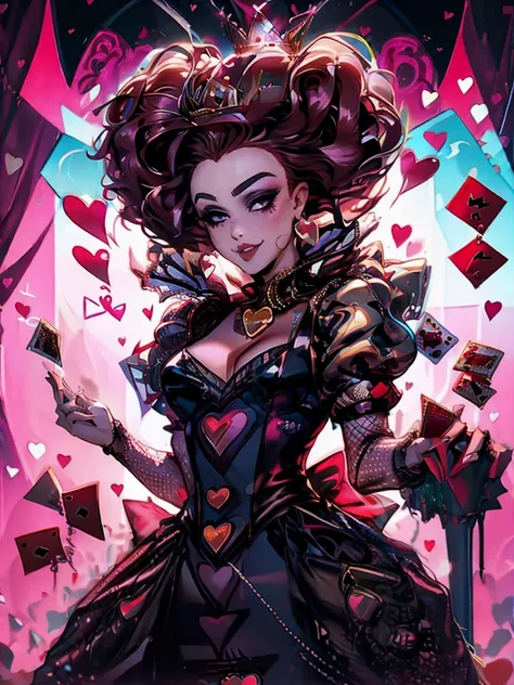 In a luxurious casino, A stunning woman wears an exquisite dress adorned with heart symbols, embodying the royal presence of the Queen of Hearts. Surrounded by a backdrop of poker cards and chips, She exudes confidence and seduction, inviting players to te...