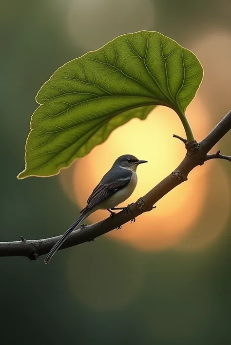 Wagtail under a fig leaf on Dawn