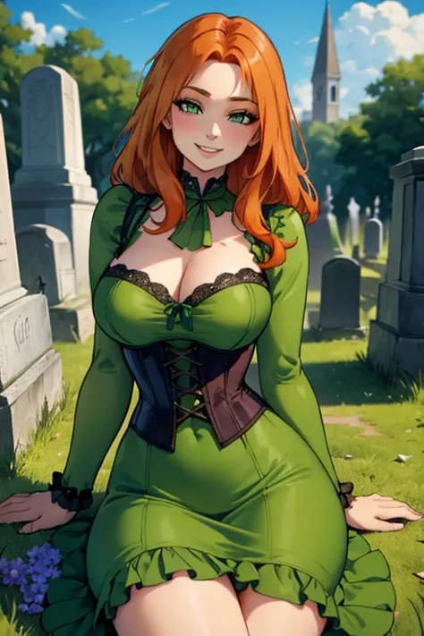 Perfect face. Perfect hands. An orange haired woman with green eyes with an hourglass figure in a sexy green corset dress is leaning in forward while sitting in the cemetery with a big smile