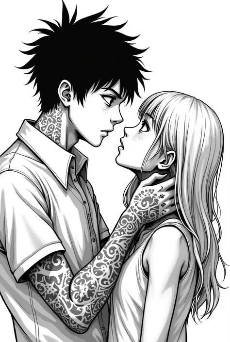 Black and white sketch, In the style of Junji Ito, Junji ito Manga type image, girl with long hair, freckles on bridge of her nose, and a boy with medium spikey hair, boy has half black hair and half blonde hair, boy has Tattoos all over his body, he is lo...