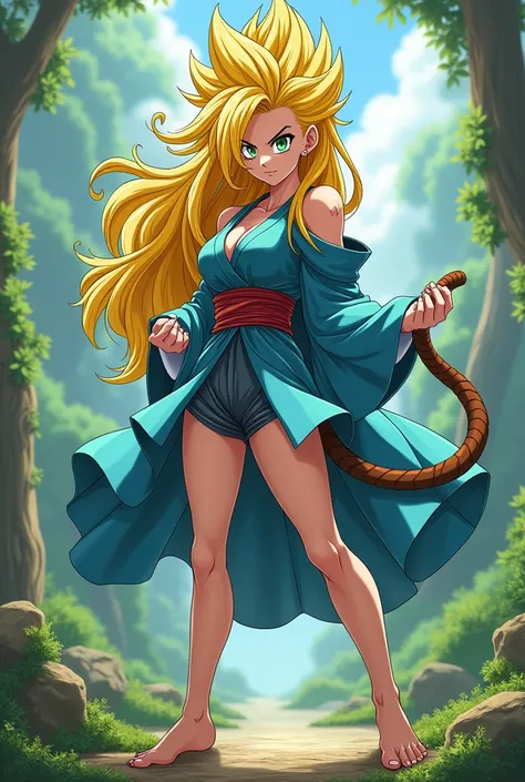 (((((Beautiful Female super saiyan))))), (((thin))), (((strong))), (((long spikey yellow hair))), (((green eyes))), (((large breasts))), ((((black eyeliner)))), ((((beautiful face)))) (((brown monkey tail))). Martial artist. Wearing a short blue yukata. St...