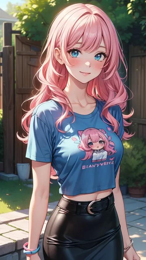 ((masterpiece, best quality:1.3, high detail)), beautiful woman, smile, long wavy hair, (pink hair), (full-face blush), ((blue t-shirt), graphic tee), (long black midi pencil (skirt)), skirt belt, tight skirt, bracelets, collarbone, midriff, backyard, summ...