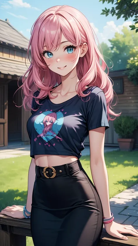 ((masterpiece, best quality:1.3, high detail)), beautiful woman, smile, long wavy hair, (pink hair), (full-face blush), ((blue t-shirt), graphic tee), (long black midi pencil (skirt)), skirt belt, tight skirt, bracelets, collarbone, midriff, backyard, summ...