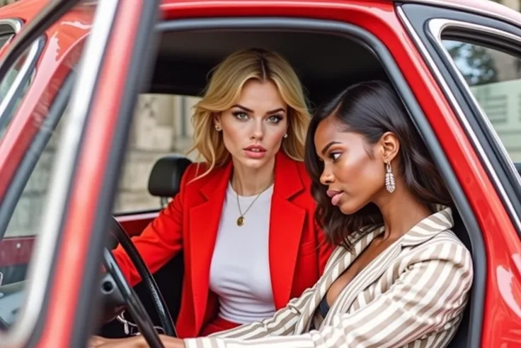 only two females in car, cute pale blond Caucasian young female with long hair (in background , ), posing for with a stunning black woman behind her (bokeh, in foreground), lovers, ultra-detailed, highly realistic, photorealistic, 8k, HDR, warm color palet...