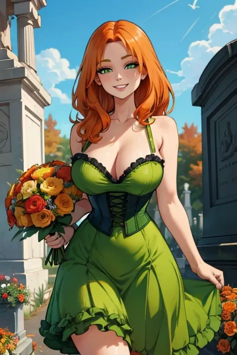 Perfect face. Perfect hands. An orange haired woman with green eyes with an hourglass figure in a sexy green corset dress is holding a bouquet of autumn flowers in the cemetery with a big smile