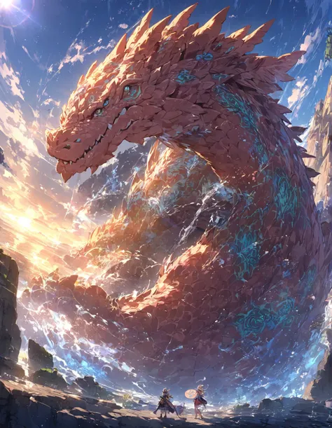 (Anime)、(  Masterpiece :1.2), atmospheric perspective , lens flare 、 dragon、 dragon Tribe Girl、 supernatural fantasy、cute、 dragon on background、A detailed description of the girl、 dragonの詳細な描写