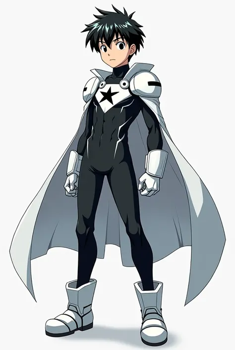 anime boy wearing a black bodysuit with white accents, a white cape with paddings, white boots, and white gloves, and a four-sided star symbol on his chest, ankle guards, shoulder guards, and arm guards
