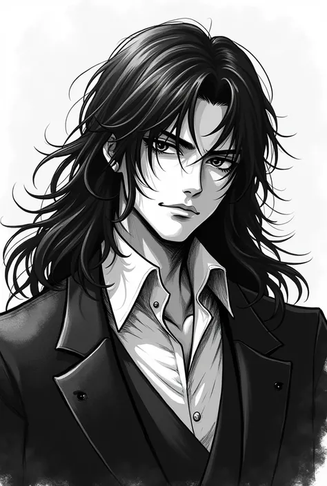 A black and white drawing of a man with long hair., kentaro miura manga art style, Kentaro Miura manga style, Illustration by Shigenori Soejima, manga style of Kentaro Miura, sharp line drawing, his manga portrait, unleash anime art style, johan liebert mi...