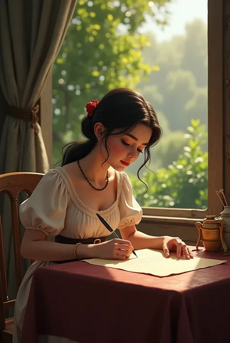 Draw Ana María sitting at a table writing a letter