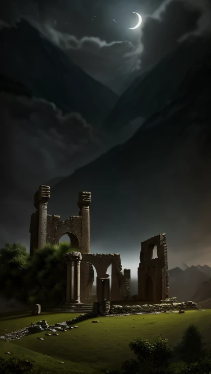  Illustration Inspired by the Lord of the Rings saga,  Depicting the Ruins of an Ancient City ,  Castle Ruins Where White Owls Fly Around ，, Atmosphere of the Dark Night .