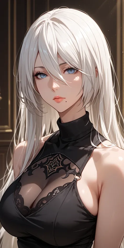 Score_9, Score_8_up, Score_7_up, Source_anime, anime art, anime style, very aesthetic, masterpiece, high quality, 1girl, badass mature woman, milf, curvaceous, mole under mouth, black tank top, white hair, long hair, hair between eyes, expressionless, 2b, ...