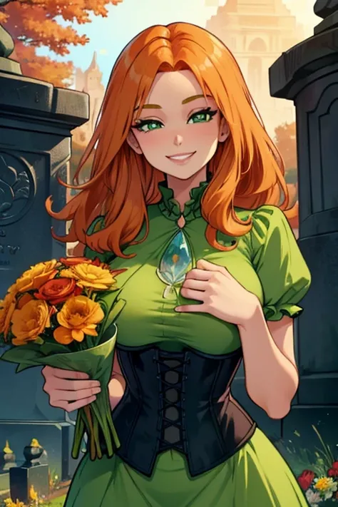 Perfect face. Perfect hands. An orange haired woman with green eyes with an hourglass figure in a sexy green corset dress is holding a bouquet of autumn flowers in the cemetery with a big smile