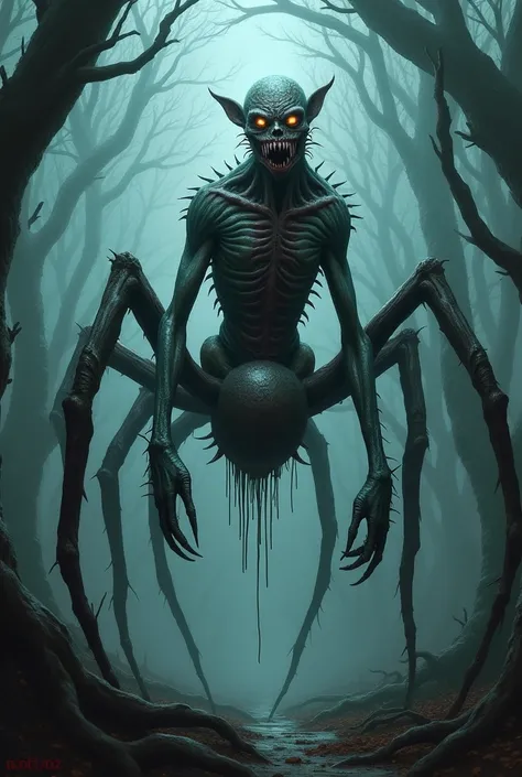 "A horrifying hybrid creature, its body a chaotic fusion of twisted flesh and spider anatomy. Its torso is gaunt and riddled with pulsating veins, while its lower half merges into a bloated spider abdomen oozing dark, viscous fluid. Its eight spindly legs ...