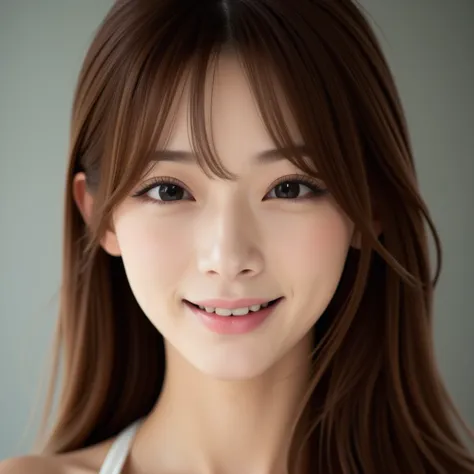 Close-up portrait, a mesmerizingly enchanting smiling East-Asian woman with bangs, beautiful detailed eyes,long hair, hair down, beautiful detailed lips, extremely detailed eyes and face, long eyelashes, 1 beautiful japanese woman, realistic, photorealisti...