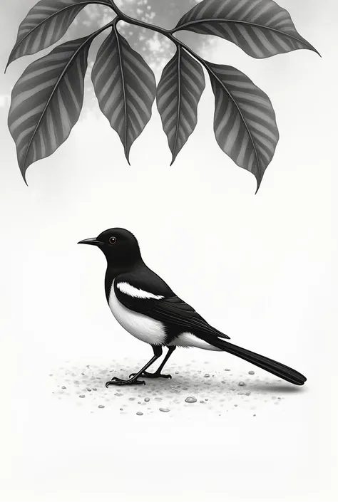 Black white colour wagtail brid under a fig leaf on Dawn sketch