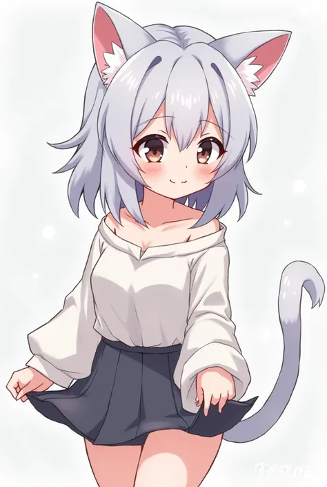 A shy silver-haired girl with cat ears wearing a miniskirt
Pull up the skirt slightly and blush on the cheeks
As an animated picture