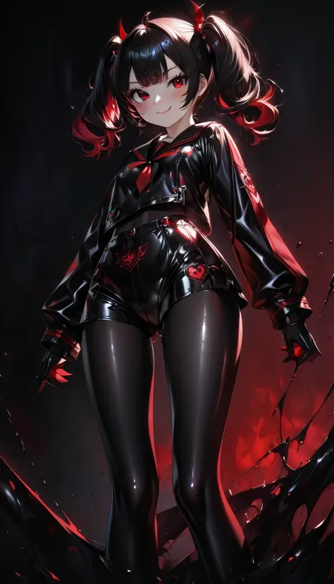 In hell, looking back, jet black cool beauty schoolgirl, cute smile, shiny silky messy short twintails with red ribbon, captivating eyes, amorous and lewd expression, dark image, devils emblem, superlative body proportion, narrow waist, wearing jet black s...