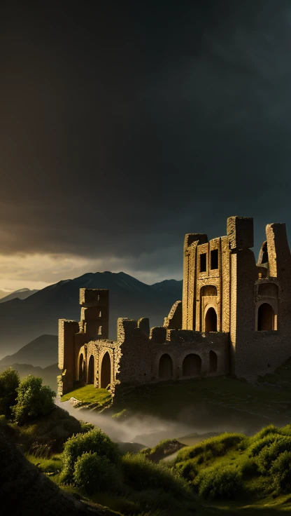  Illustration Inspired by the Lord of the Rings saga,  Depicting the Ruins of an Ancient City ,  Castle Ruins Where White Owls Fly Around ，Professional photography, Atmosphere of the Dark Night .