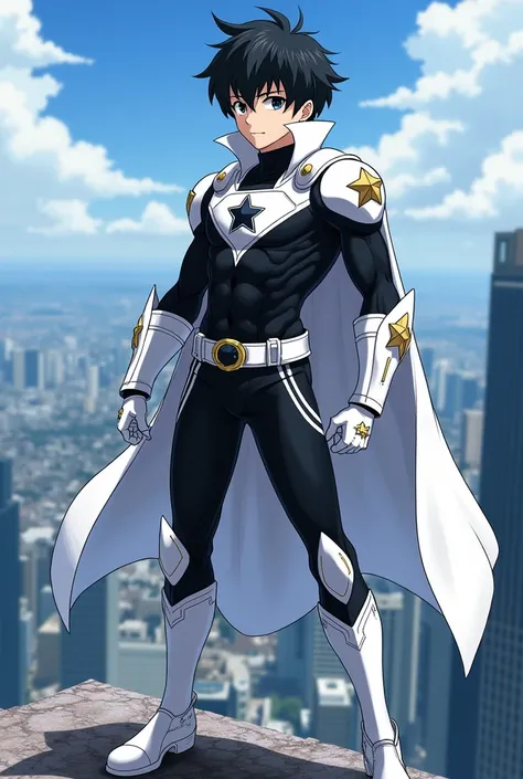 anime teenage boy wearing a black bodysuit with white accents, a white cape with paddings, white boots, and white gloves, and a four-sided star symbol on his chest, ankle guards, shoulder guards, and arm guards looking over the city
