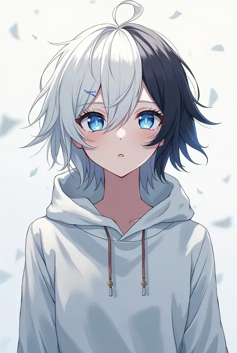 Need anime, white hair, black ends, blue eyes, left eyes in the shape of x, wearing a long sleeved white, gray top without a hood 