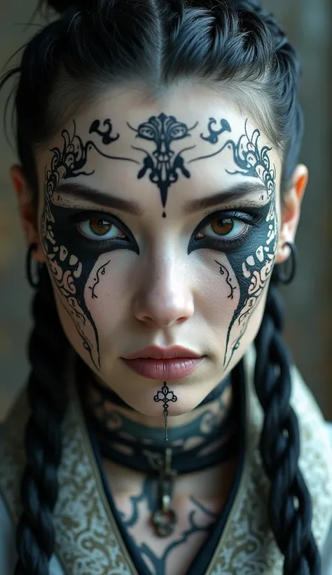 a close up of a woman with tattoos on her face, white chinese, fractalpunk, intricate braided hair, matte painting portrait, beautiful chinese woman, light white skin, she is dressed in priestess clothes, tattooed face, cryptopunk, heavy makeup, black eyes...