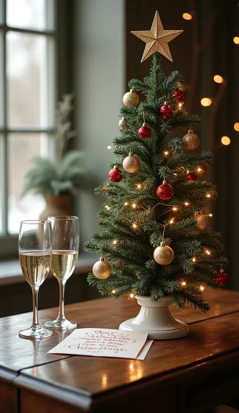  There is a small Christmas tree, wine glasses, and a Christmas card with Merry Christmas written on it on an antique table、Very realistic and pictured 