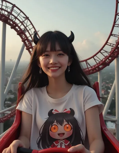 (She is enjoying the most terrifying roller coaster ride wearing a tee with a large print of her favorite cute devil girl), ultra-realistic, photorealistic, dramatic scene, shadow, global-illumination, solo, (20 years old Japanese famous idol girl:1.5), ba...