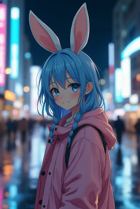  8K photo portrait 、Stunning rabbit woman with blue hair , ,  wearing a pastel raincoat at night {x},  Strong,  at a busy pedestrian crossing at night , wet reflection ,  high definition,   Studio Ghibli ,  Akira Toriyama ,  James Gileard ,  Genshin Impact...