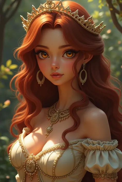 Full bodied princess with bronze skin and amber eyes. Auburn hair. Round features. 