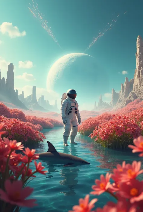  GENERATE AN IMAGE OF AN ASTRONAUT in a SEA OF FLOWERS,  meteors falling behind it , And huge moons , cinematic lighting, SHARK SWIMMING UNDERWATER , 4k image,