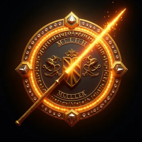 Based on Harry Potters family crest, the golden wand spells incendio around the family crest, adorned with diamonds. The luxurious circular crest is engraved with the word MULLER prominently. 