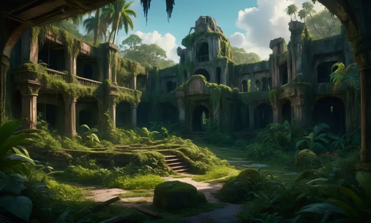 A decaying and overgrown Disney Land in Florida, ancient ruins engulfed by a lush tropical jungle, abandoned and reclaimed by nature, highly detailed, cinematic, dramatic lighting, moody atmosphere, vibrant colors, photorealistic, 8k