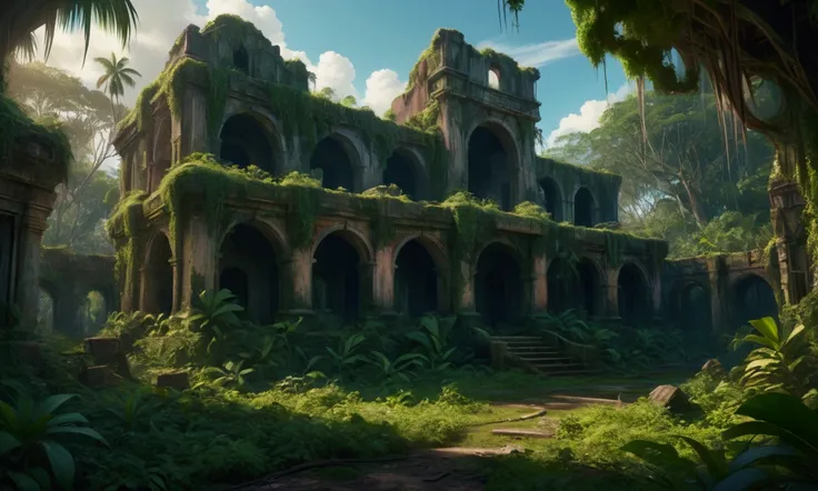 A decaying and overgrown Disney Land in Florida, ancient ruins engulfed by a lush tropical jungle, abandoned and reclaimed by nature, highly detailed, cinematic, dramatic lighting, moody atmosphere, vibrant colors, photorealistic, 8k