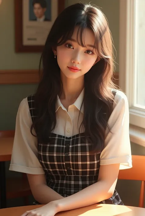 

 One beautiful Korean chick, cute face, 20 years old ,wearing high school uniform, Long hair with bangs , sitting on a cafe chair 