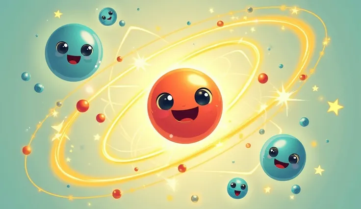 A fun and simple cartoon-style illustration of a center of the atom, depicted a nucleus bursting with personality. The compact nucleus made up of protons in red spheres and neutrons in green sphere. The protons are vibrant red spheres with cheerful, confid...