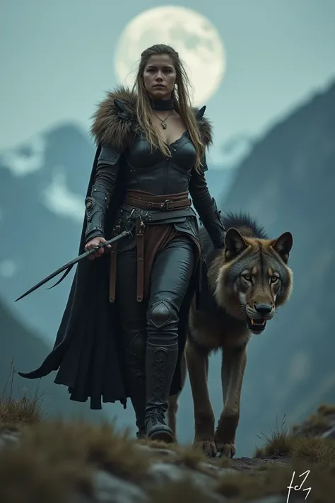 A cinematic Leica portrait of a young, busty, and well-endowed elf huntress in leather armor. She is walking confidently with a saber-toothed wolf-lion hybrid. The scene is illuminated by diffused moonlight. The background is a blurred mountainous landscap...