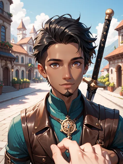 {{upper body}} {{Artist: sincos}} 1boy, pov, young man, black hair, short hair, black male, dark skin, hazel eyes, goatee , brown leather vestment, black trousers, black boots, short sword across back, fantasy, outdoors, adventurer