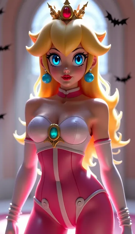 ((Princess peach from super mario bros series))(she has big glowing blue eyes)(bright red lips) (((long blonde straight hair)))(dark eyeshadows make up)((very huge breasts)) (perfect slim body) ((wear pink and white biker leotard and long boots)), (crown) ...