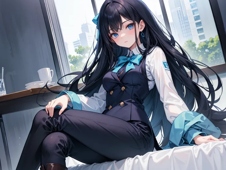 high school students ， Has long, dark hair ， with warm blue eyes ， Wore a fresh blue suit and black boots， pure white collar and bright green bow 。 has long dark hair and warm blue eyes ， sitting in a chair 。