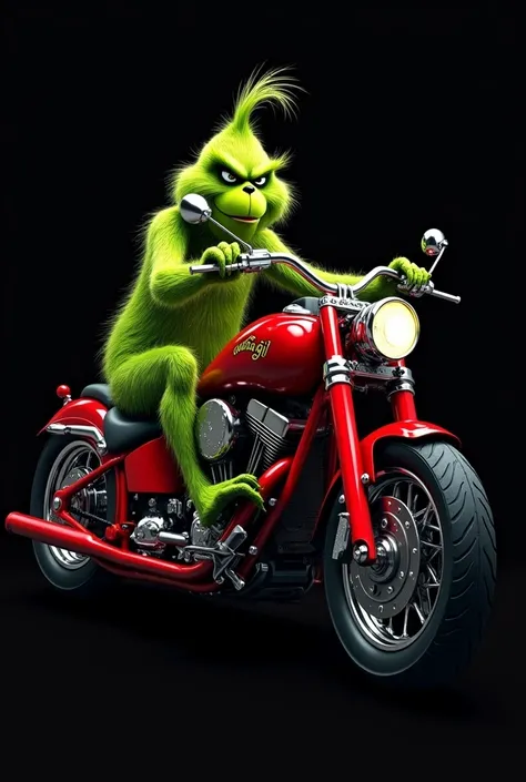 GrinCH RIDING A RED CHOPPER MOTORCYCLE WITH DARK LENSES AND THE NAME CONTA GIL .  black background  