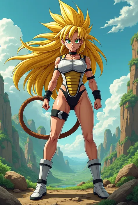 (((((Beautiful Female super saiyan))))), (((thin))), (((strong))), (((long yellow hair))), (((green eyes))), (((large breasts))), ((((black eyeliner)))), ((((beautiful face)))) (((brown monkey tail))). Martial artist. Wearing saiyan armor. Standing legs sp...