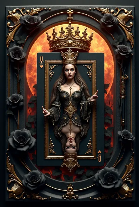 Card cover , some black roses on the edges a golden crown ,  a firearm and a playing card of the queen ,  the image has some vibes of yellow flame 