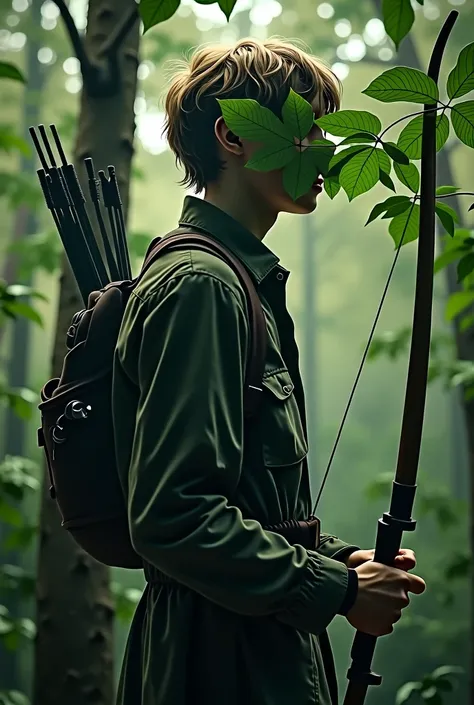 a mysterious young tall male hunter in the woods, bow and arrow, face completely covered by leaves of a nearby tree like a surreal magritte-esque style, detailed portrait, warm lighting, highly detailed, cinematic composition, dramatic chiaroscuro, muted c...