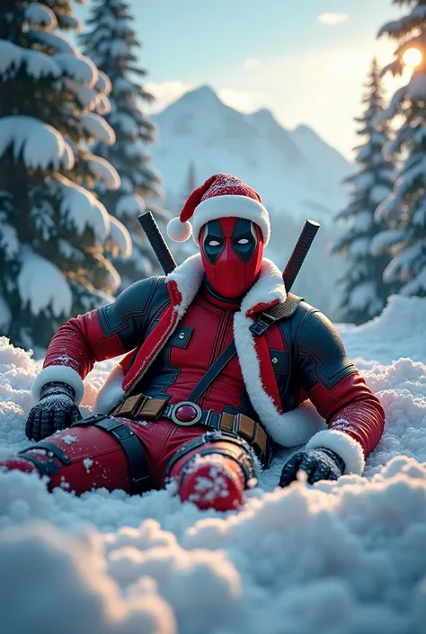 a deadpool, wearing a santa claus jacket and hat, full body shot, liying in the winter wonderland , intricate details, photo-realistic, hyperrealistic, 8k, high quality, masterpiece, cinematic lighting, warm color palette, dynamic pose, action scene, highl...