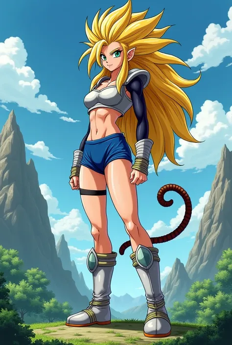 (((((Beautiful Female super saiyan))))), (((thin))), (((strong))), (((long yellow hair))), (((green eyes))), (((large breasts))), ((((black eyeliner)))), ((((beautiful face)))) (((brown monkey tail))). Martial artist. Wearing saiyan armor with blue miniski...